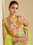 Beautiful Lime Green Chinon silk Indo-Western Palazzo party wear set