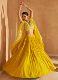 Mesmerizing Sunshine yellow Chinon silk Indowestern lehenga with Jacket with handwork