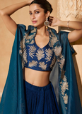 Alluring Blue Chinon silk Indowestern Lehenga paired with organza jacket