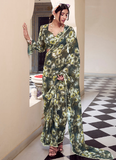 Mehendi green Marble georgette saree with floral digital print and pearl border.