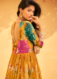 Beautiful Haldi long gown with floral digital print and embroidery