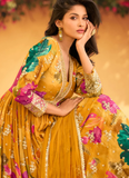 Beautiful Haldi long gown with floral digital print and embroidery