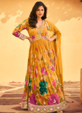 Beautiful Haldi long gown with floral digital print and embroidery