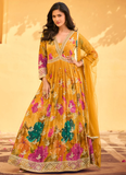 Beautiful Haldi long gown with floral digital print and embroidery