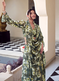 Mehendi green Marble georgette saree with floral digital print and pearl border.