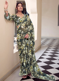 Mehendi green Marble georgette saree with floral digital print and pearl border.