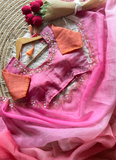 Pink Peach shaded crunch silk saree with Handwork and pearl work