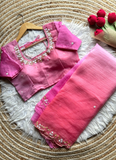 Pink Peach shaded crunch silk saree with Handwork and pearl work