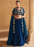 Alluring Blue Chinon silk Indowestern Lehenga paired with organza jacket