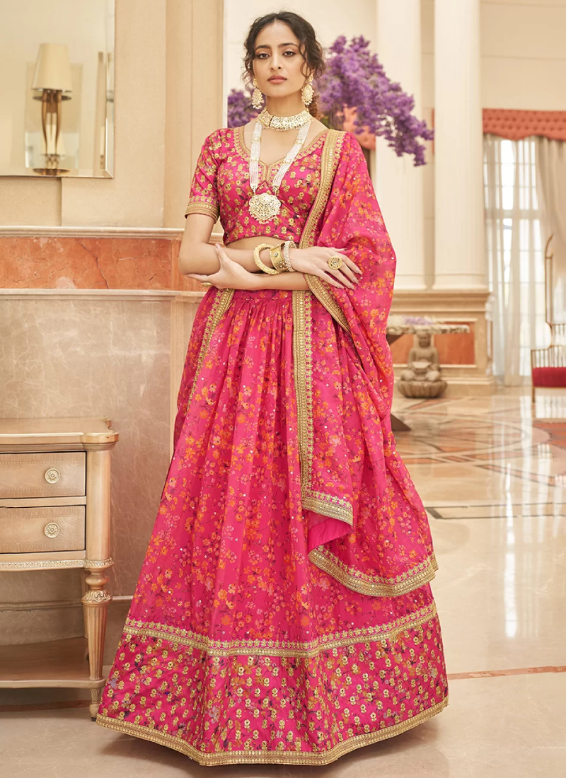 Pink Floral Printed Organza Sequence Embroidery Lehenga Choli