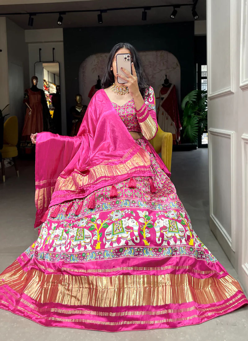 Pure Gaji Silk Patola Printed Pink Color Lehenga Choli Set