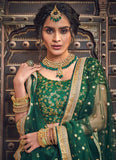 Soft Net Dark Green Embroidered Work Lehenga Choli For Wedding