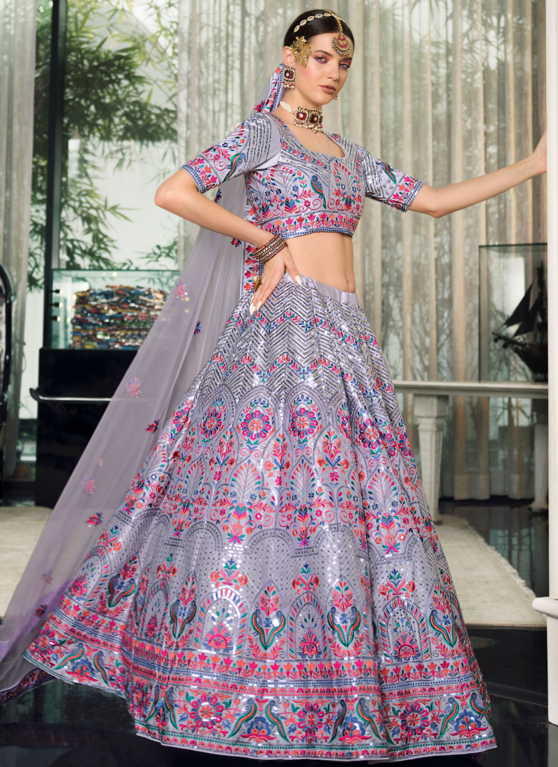 Thread Embroidered Silk Violet Lehenga Choli For Party