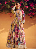 Multicolor Chinon silk embroidered gown with embroidery work for party and festival