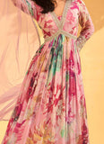 Amazing Pink Silk gown with digital print and embroidery.