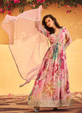 Amazing Pink Silk gown with digital print and embroidery.