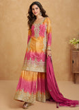 Beautiful Chinon silk Designer Palazzo suit with sequin embroidery for Haldi event.