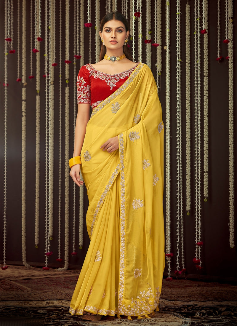 Yellow Color Organza Indian Wedding Saree With Red Blouse