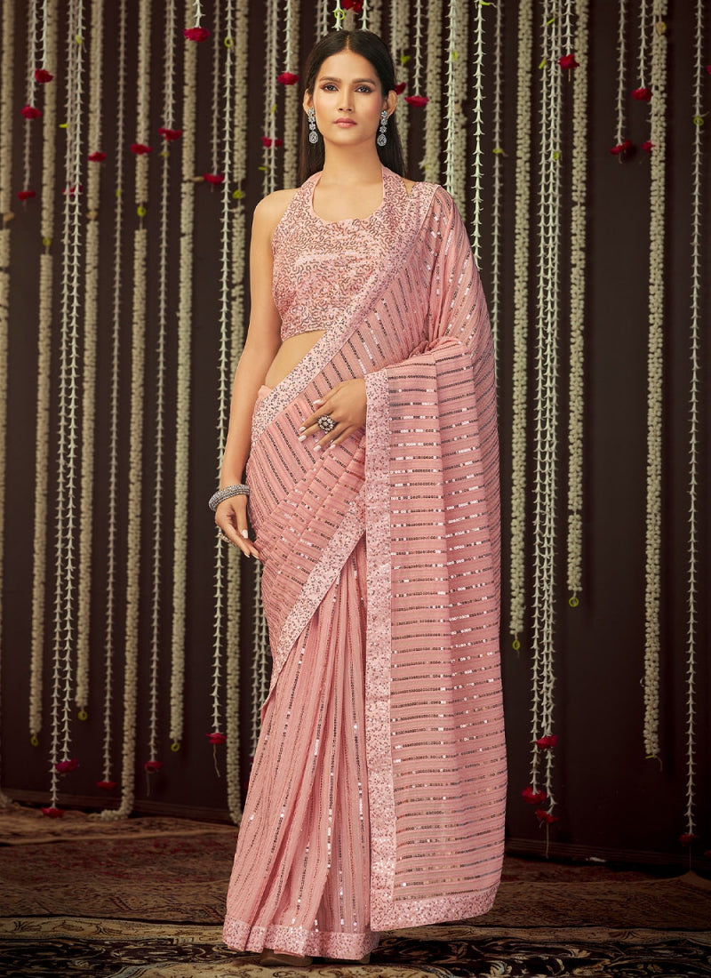 Pink Party Wear Saree With Georgette Sequence Work