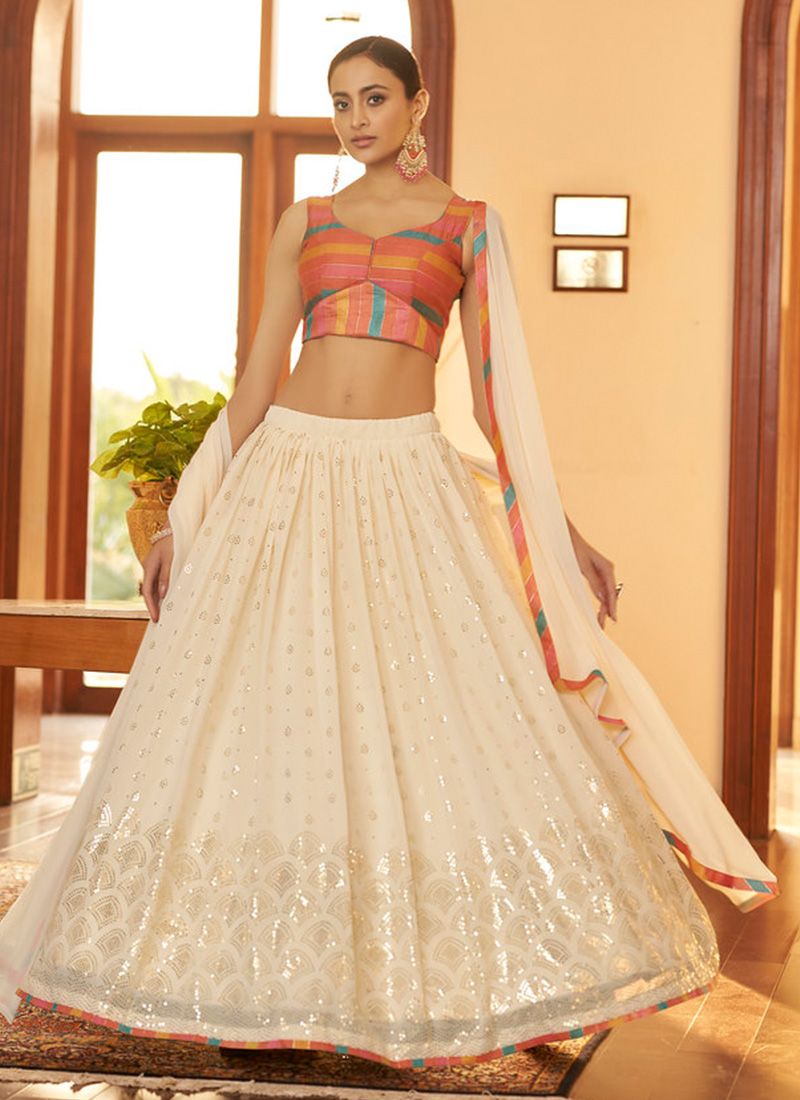 Georgette Fabric Wedding Wear Off-White Lehenga Choli Design