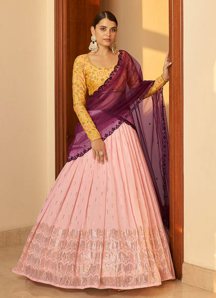 Peach lehenga in raw silk with contrast blouse in french knot and kundan  embroidery only on Kalki | Raw silk lehenga, Pink pleated skirt, Lehenga