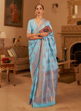 Festive Wear Ice Blue Color Copper Zari Handloom Weaving Silk Saree