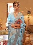 Festive Wear Ice Blue Color Copper Zari Handloom Weaving Silk Saree