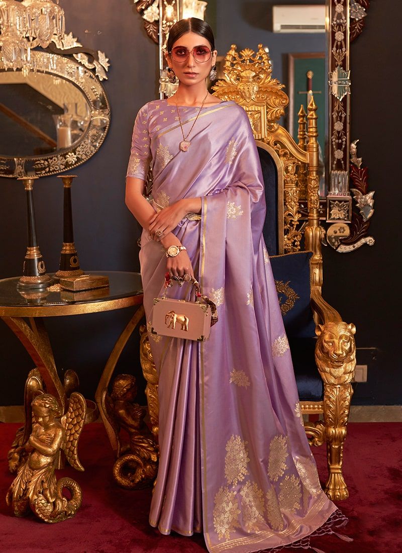 Satin Silk Zari Weaving Work Lavender Color Indian Wedding Saree