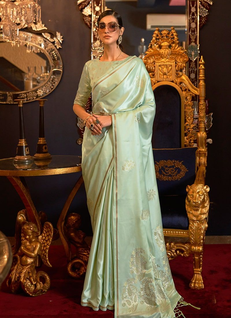 Latest Designer Light Pista Green Satin Silk Sarees for Wedding