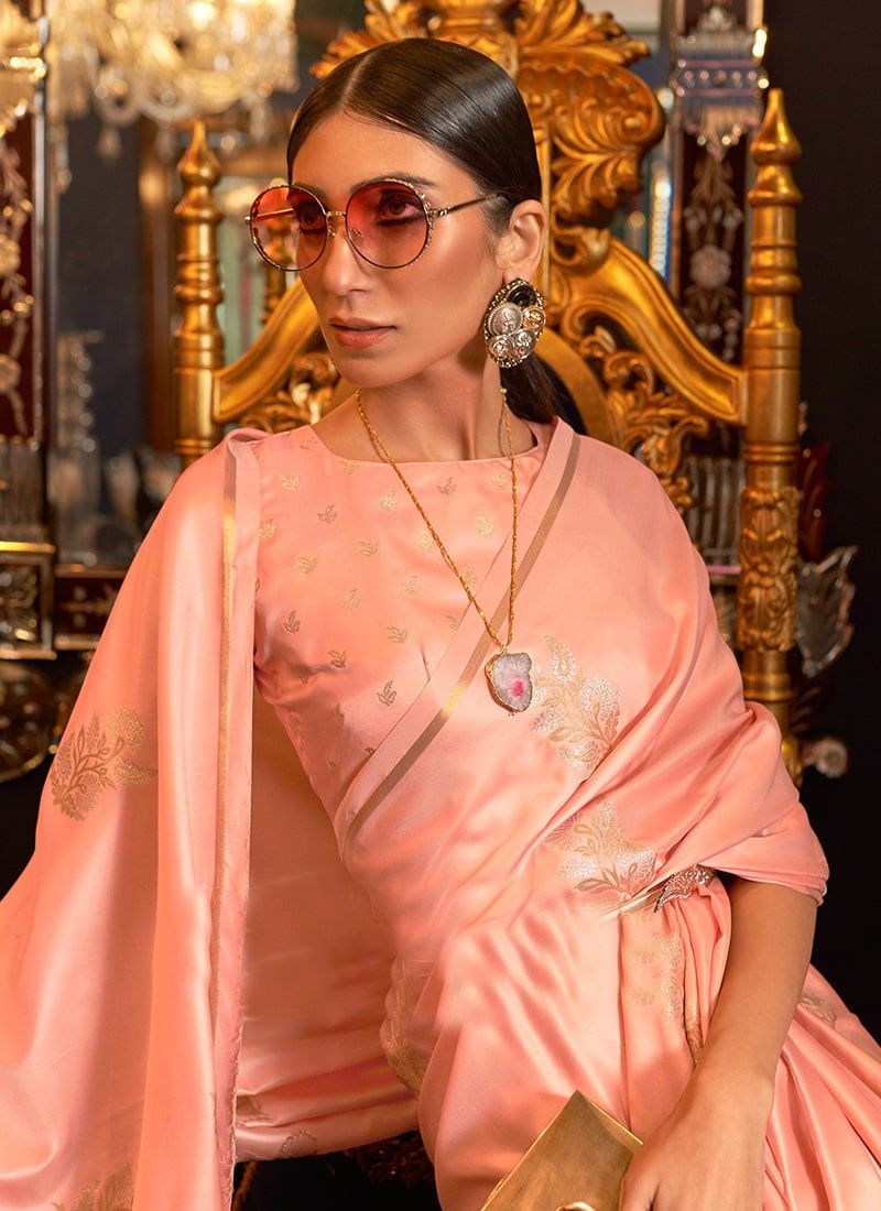Peach Color Zari Weaving Satin Silk Sarees Blouse Design