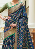 Classic Look Silk Navy Blue Bandhani Patola Saree With Contrast Blouse