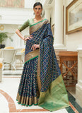Classic Look Silk Navy Blue Bandhani Patola Saree With Contrast Blouse