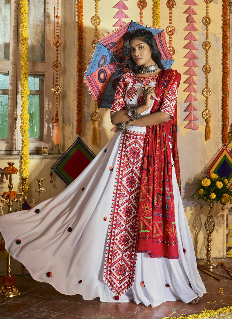 White Muslin Cotton Designer Chaniya Choli For Navratri – Adore Styelsus