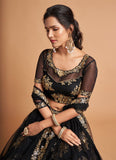 Wedding Wear Net Fabric Black Lehenga With Embroidery Work
