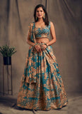 Teal Blue Floral Embroidered Organza Wedding Wear Lehenga Choli