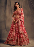 Marvelous Red Floral Print Organza Wedding Lehenga Choli