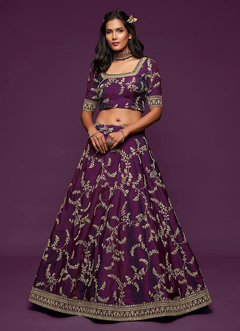 Wedding Wear Art Silk Embroidery Work Purple Lehenga Choli