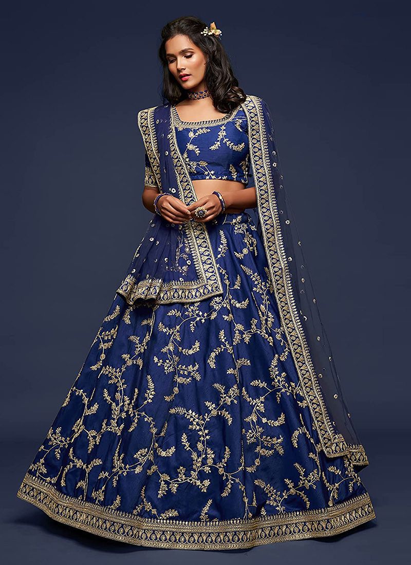 Attractive Look Art Silk Blue Designer Lehenga Choli For Wedding