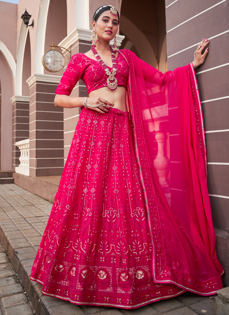 Breathtaking Rani Pink Georgette Lucknowi Work Lehenga Choli