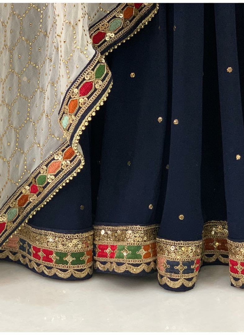 Navy Blue Faux Georgette Lehenga With Embroidery Work