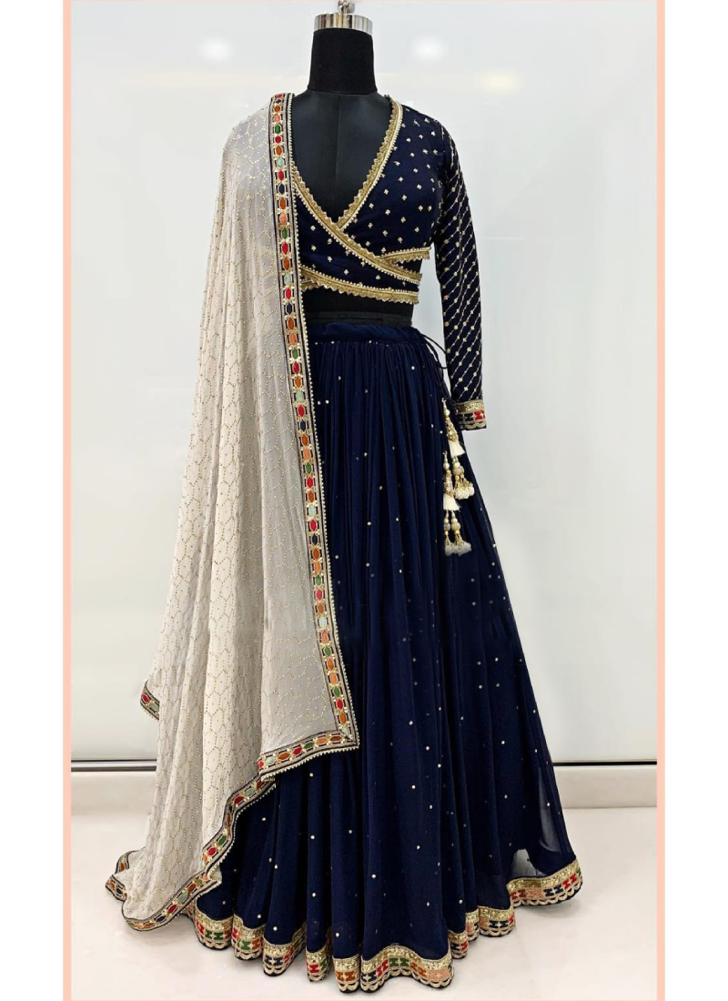 Navy Blue Faux Georgette Lehenga With Embroidery Work