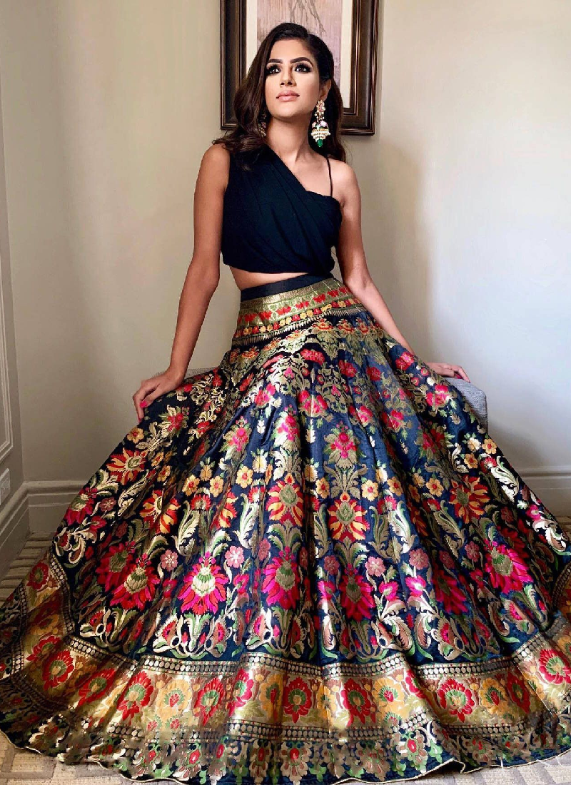 Black Color Banarasi Silk Party Wear Crop Top Lehenga Choli