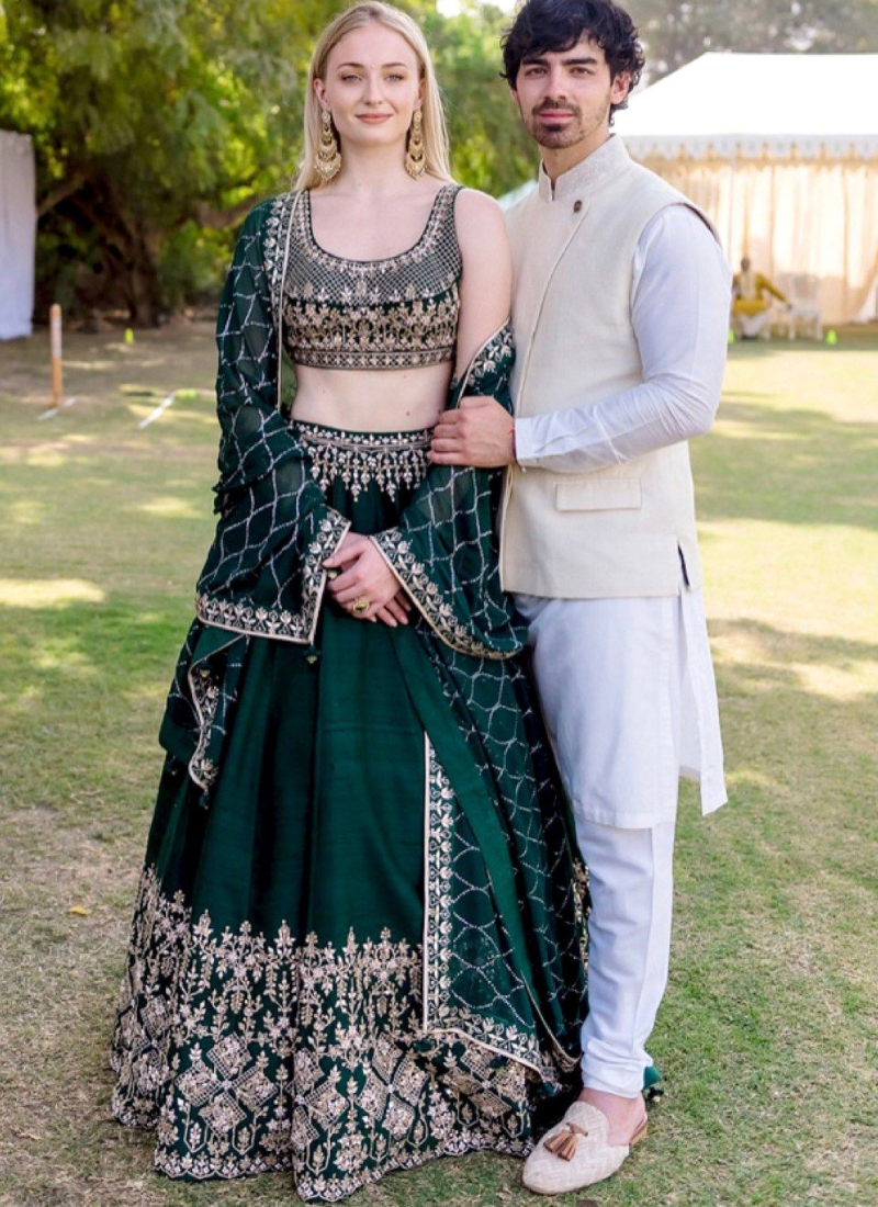 Wedding Wear Green Color Silk Lehenga Choli For Women