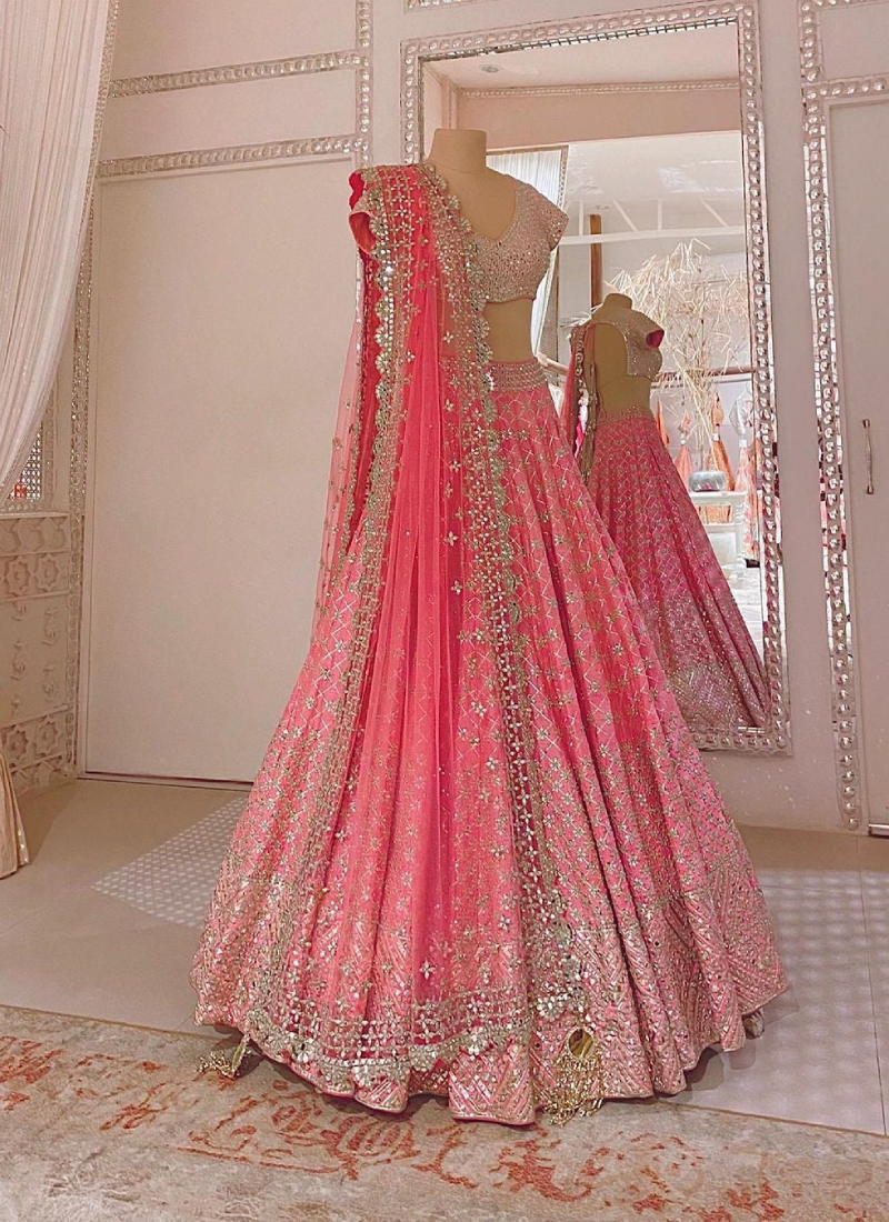 Pretty Pink Color Satin Wedding Lehenga For Women