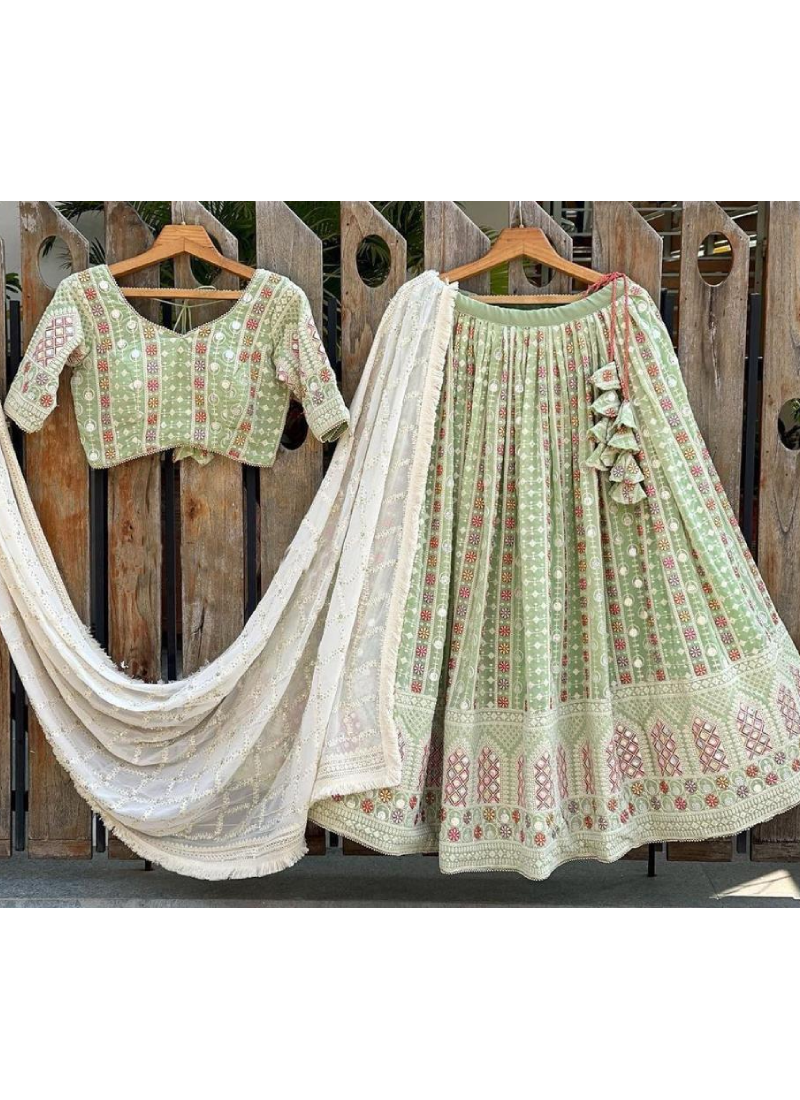 Light Green Color Faux Georgette Embroidered Lehenga Choli