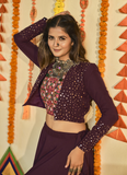 Mirror Work Purple Muslin Cotton Jacket Style Fancy Chaniya Choli