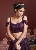 Wine Color Soft Net Party Wear Lehenga Design With Sequence Work