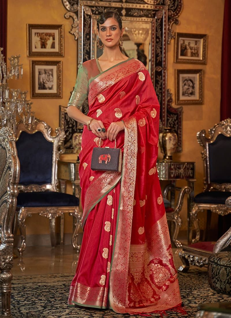 Festive Wear Tussar Silk Woven Work Maroon Saree