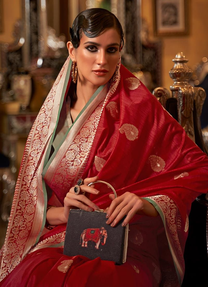 Festive Wear Tussar Silk Woven Work Maroon Saree