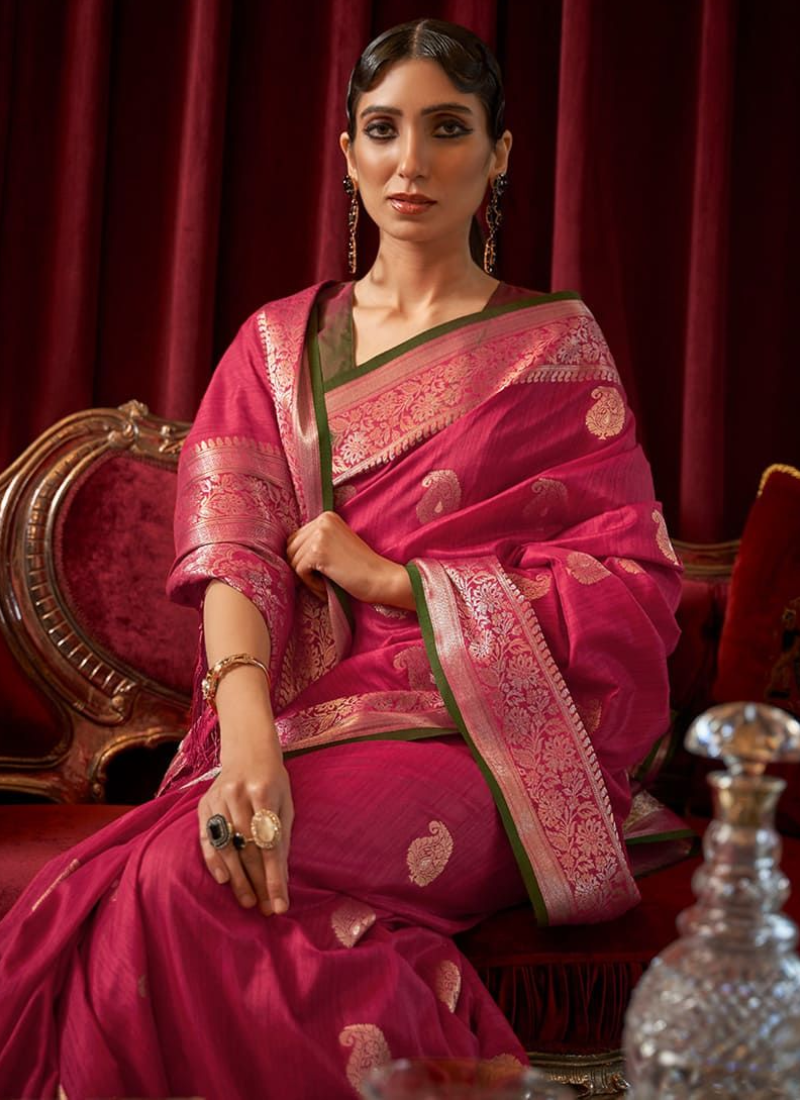 Dazzling Pink Wedding Wear Tussar Silk Saree for Women